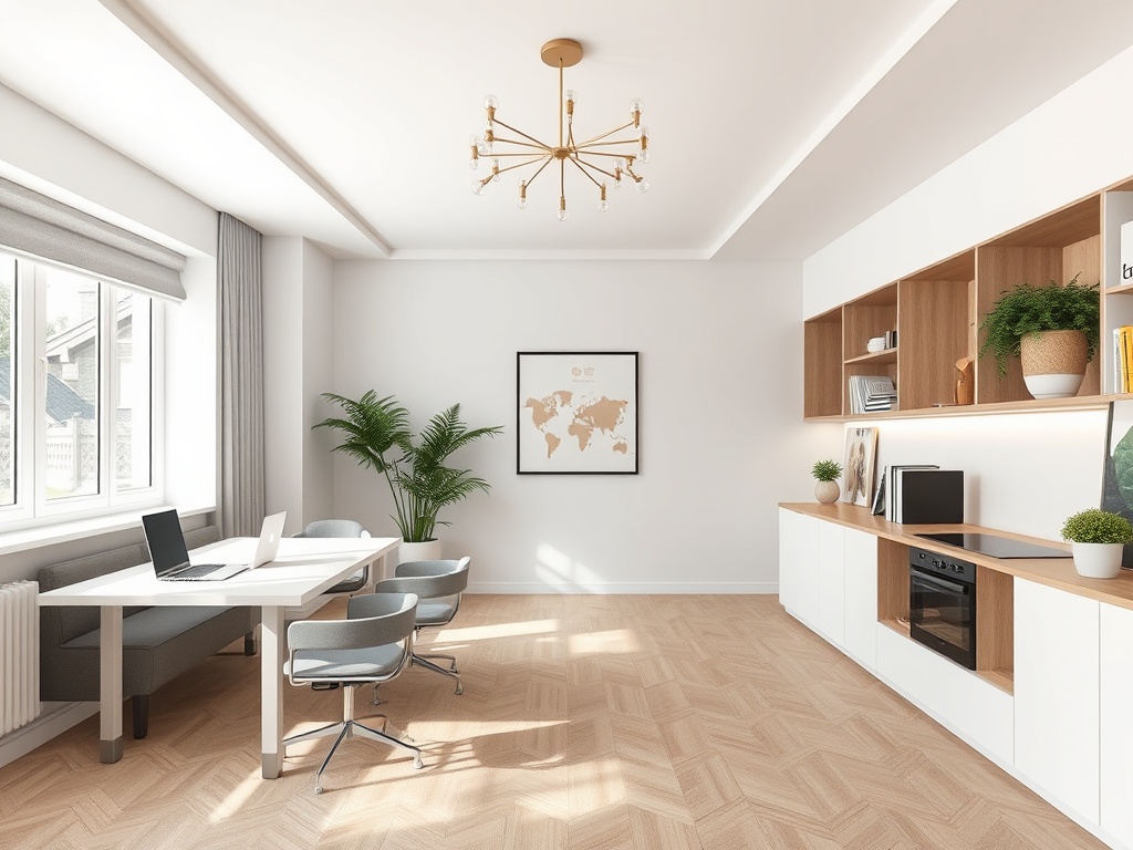 Современный офис с белыми стенами, деревянной мебелью и растениям, оформленный в светлых тонах.