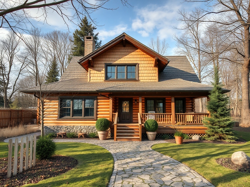 Деревянный дом с каменными деталями, ухоженный газон и дорожка, окруженная деревьями и кустарниками.