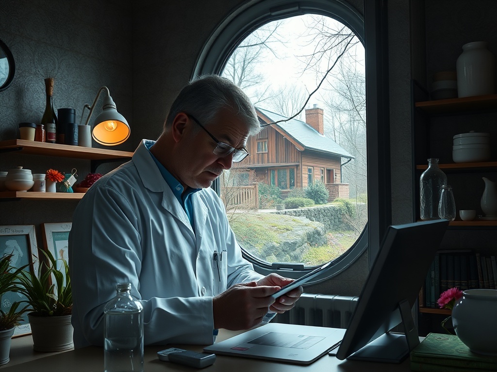Врач в белом халате работает за столом, смотрит в планшет, за окном виднеется загородный дом.