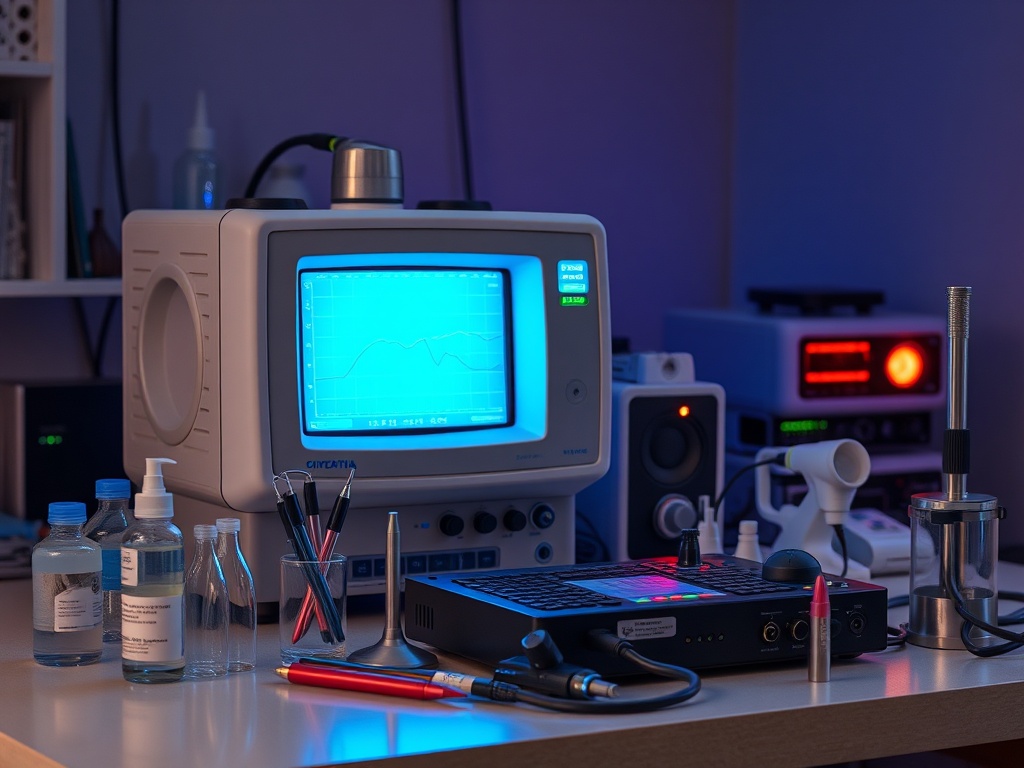 Стол с научным оборудованием: монитор, инструменты и флаконы с жидкостями в лабораторной обстановке.