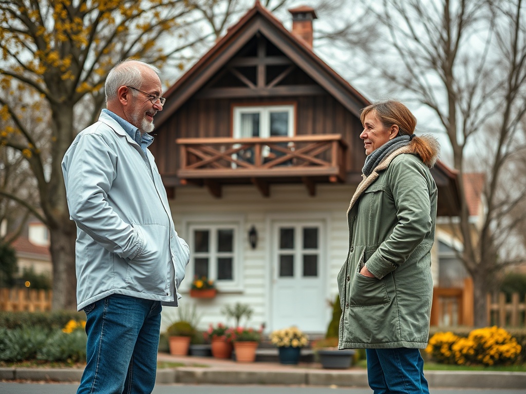 Два человека разговаривают на фоне дома; осень, теплые одежды, дружеская атмосфера.