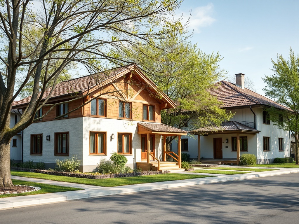 Два современных дома с дворовыми деревьями на тихой улице в ясный день. Зеленая трава и аккуратные кусты.