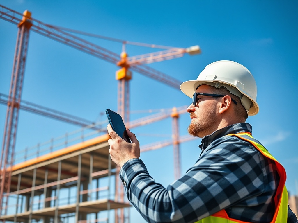 Мужчина в каске и жилете смотрит на телефон на фоне строительных кранов и каркаса здания.