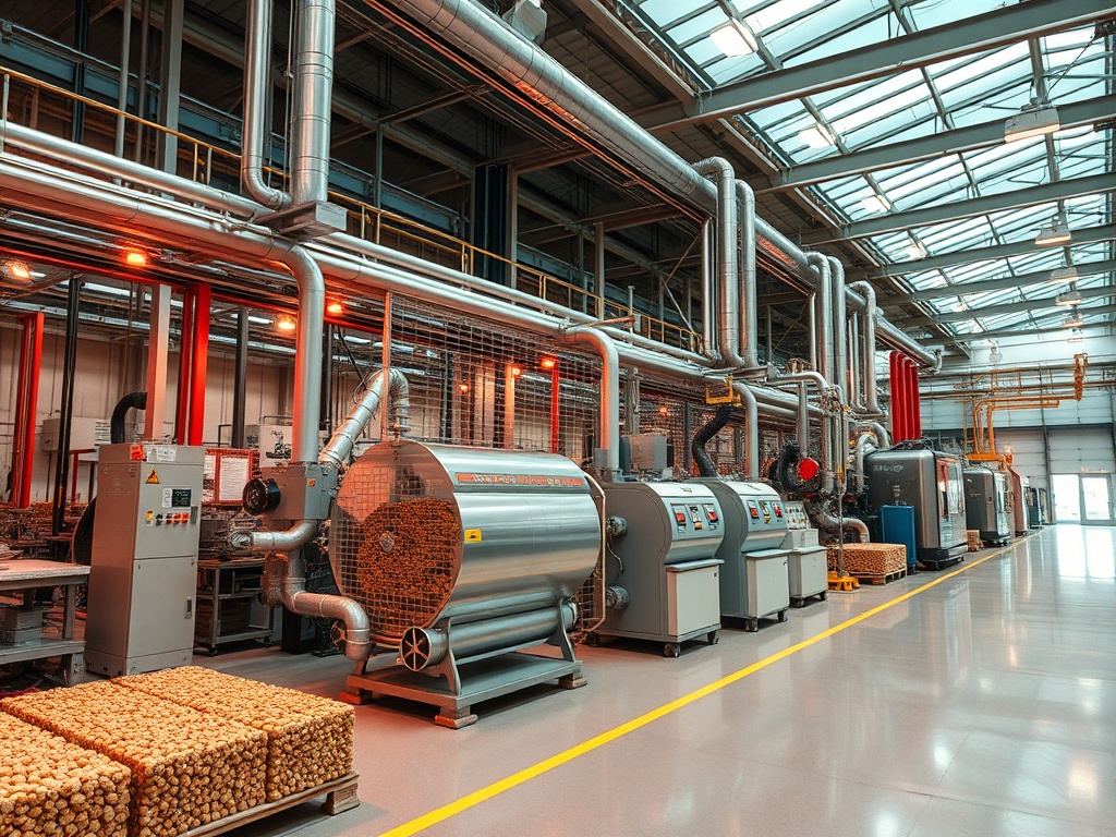 Современное производственное помещение с машинами и оборудованием, на фоне стеклянной крыши.