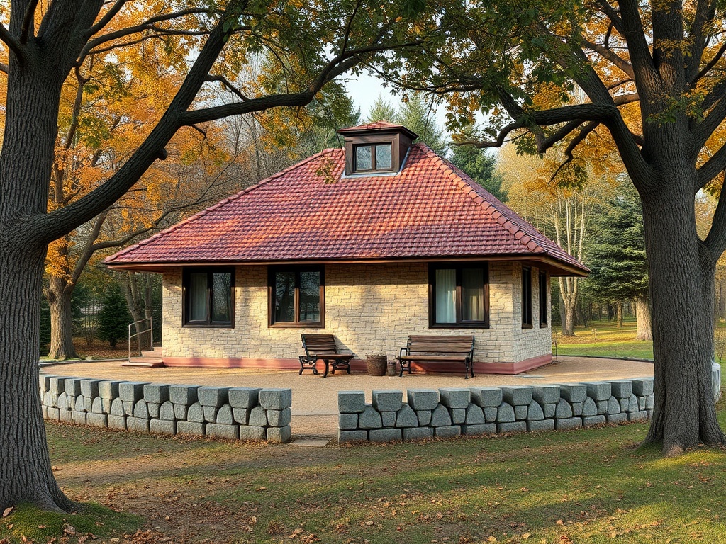 Уютный дом с красной крышей среди осенних деревьев и зелёного луга. Скамьи возле дома.