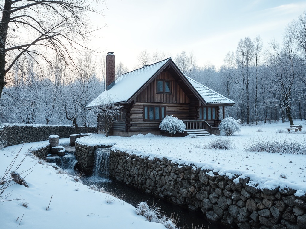 Зимний пейзаж с деревянным домом, окружённым снегом и морозными деревьями, рядом течёт ручей.