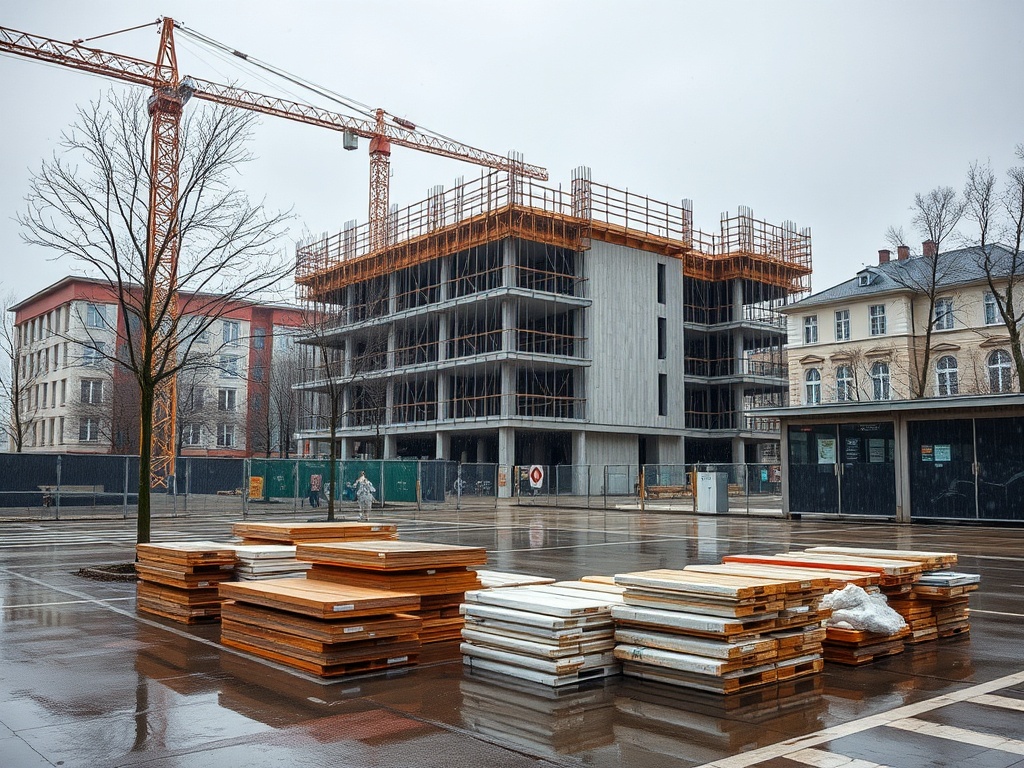 Строительная площадка с баграми и строительными материалами под дождем в городском районе.