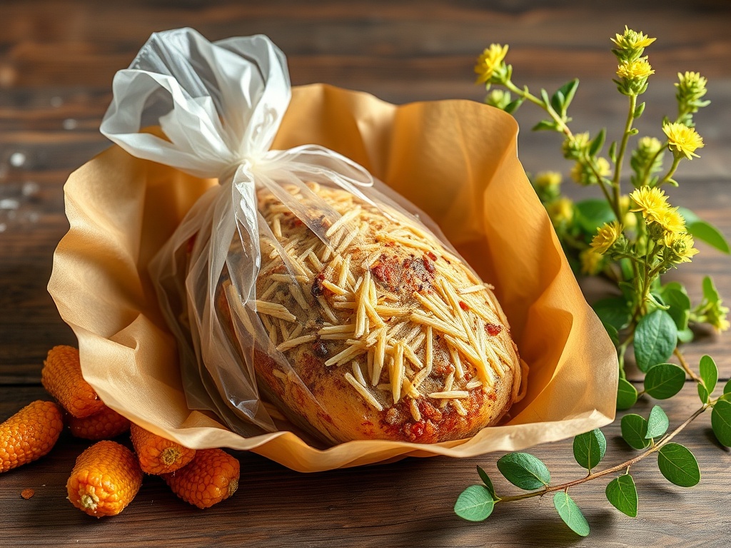 Хлеб с начинкой, украшенный тонкими полосками, в упаковке на фоне зелени и коричневого стола.