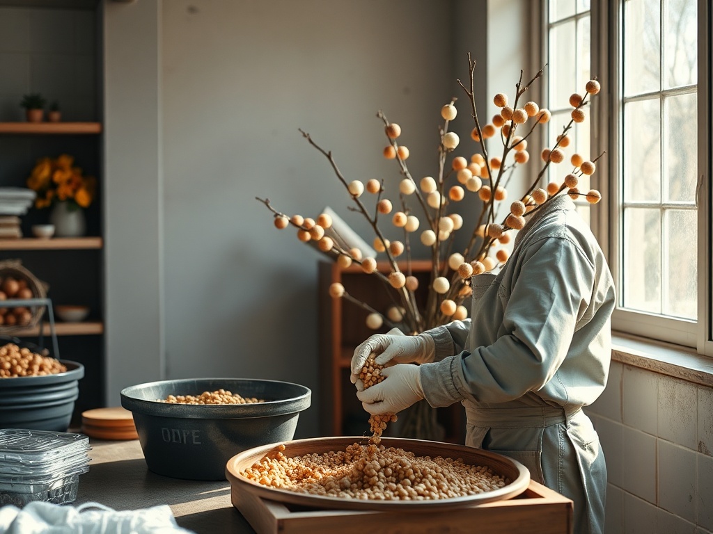 На столе человек в перчатках сортирует зерна, рядом с ним украшенное дерево с шариками.