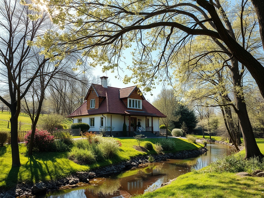 Уютный дом с красной крышей у реки, окружённый зеленью и цветами в солнечный весенний день.
