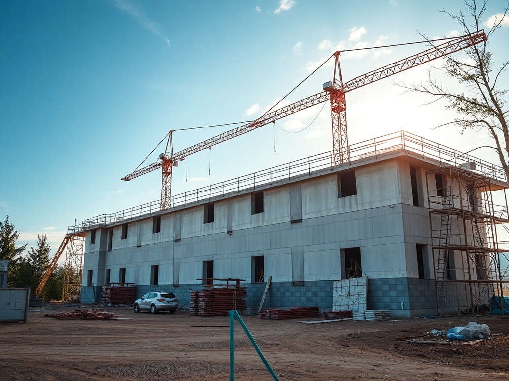 Строительство многоквартирного дома с кранами и легковым автомобилем на здании. Ясная погода и солнечный день.