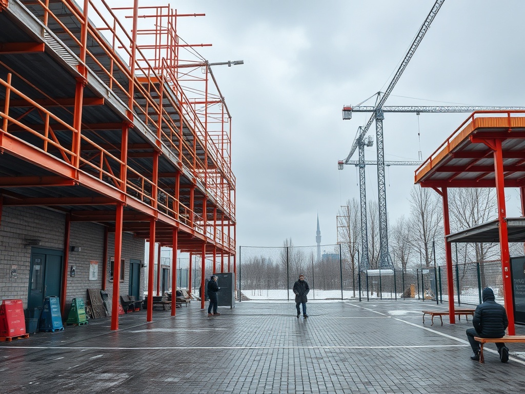 Здание с оранжевыми лесами и строительными кранами на фоне серого неба, два человека на площадке.