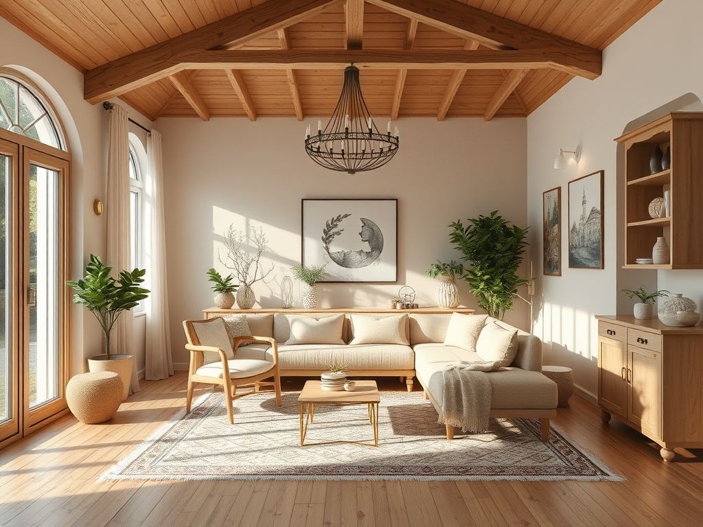 Современный светлый интерьер с деревянным потолком, уютной мебелью и растениями в уютной комнате.