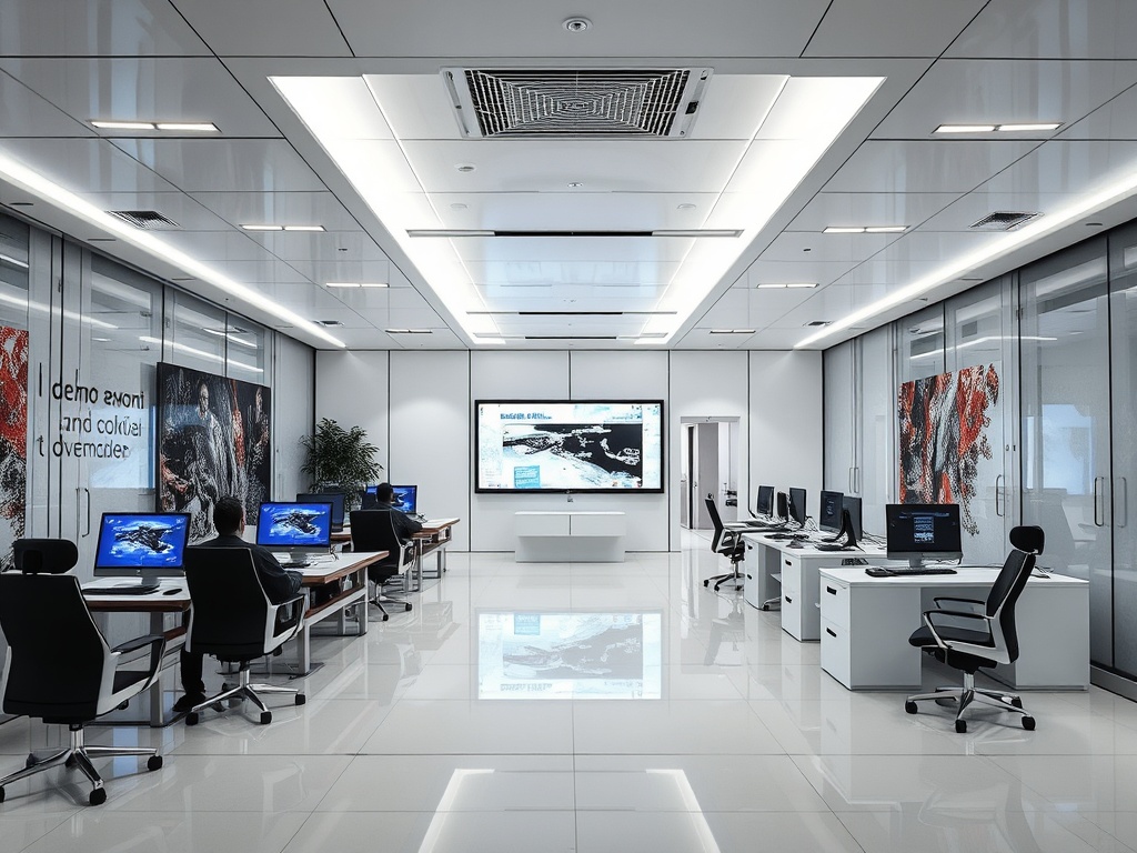 Современный офис с компьютерами, экранами и стеклянными перегородками. Стильный и светлый интерьер.