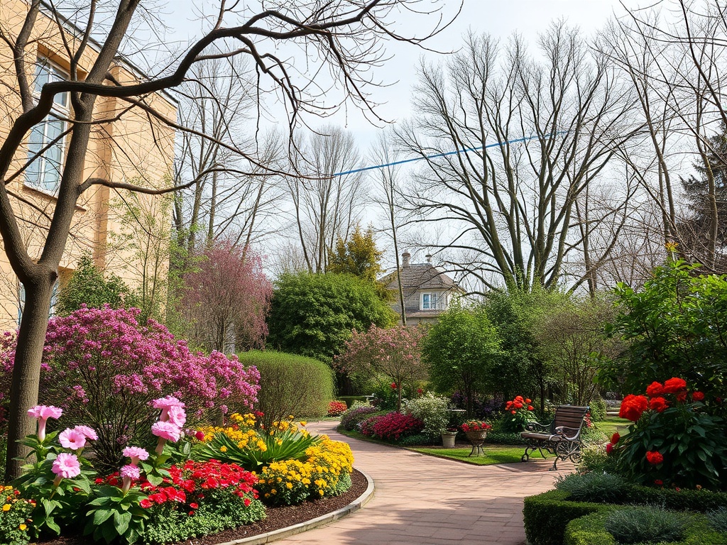 Солнечный сад с цветами, зелеными кустами и деревьями. Пожилой дом находится на фоне красивого ландшафта.