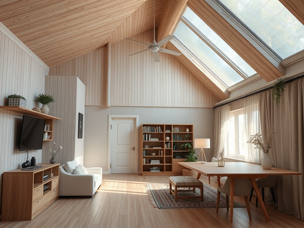 Современный светлый интерьер с деревянным потолком, окнами в потолке и уютной мебелью.