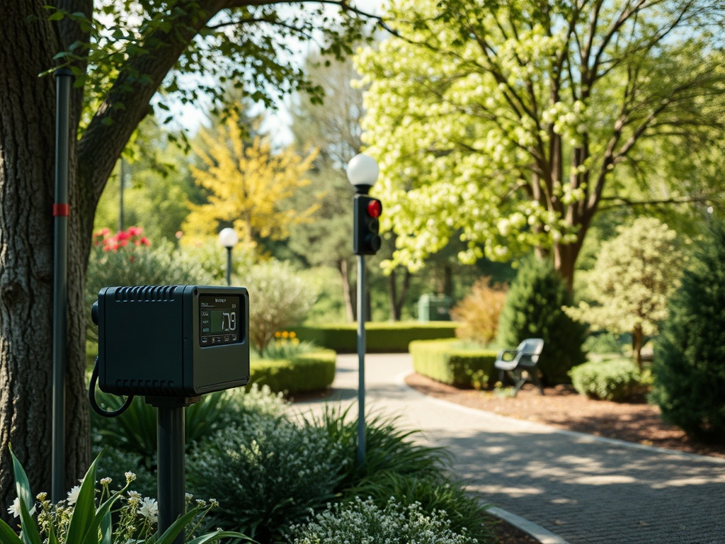На изображении виден датчик с экраном, расположенный в зеленом парке с цветами и светофором.