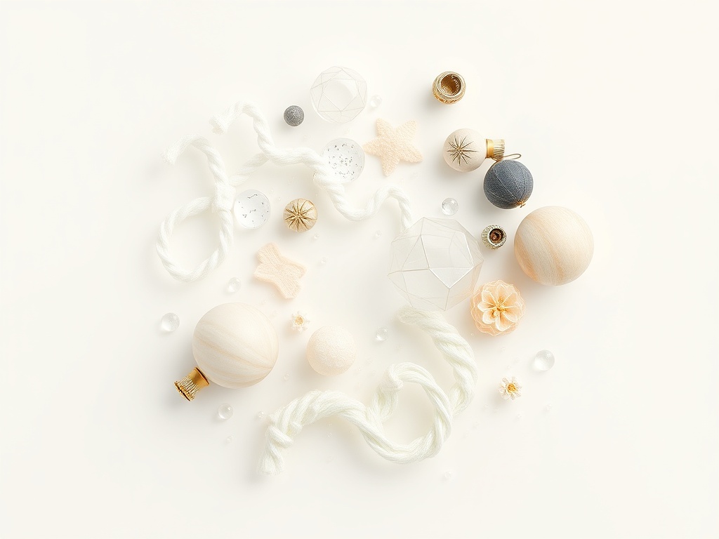 Изображение елочных украшений: шарики, звездочки и декоративные элементы на светлом фоне.