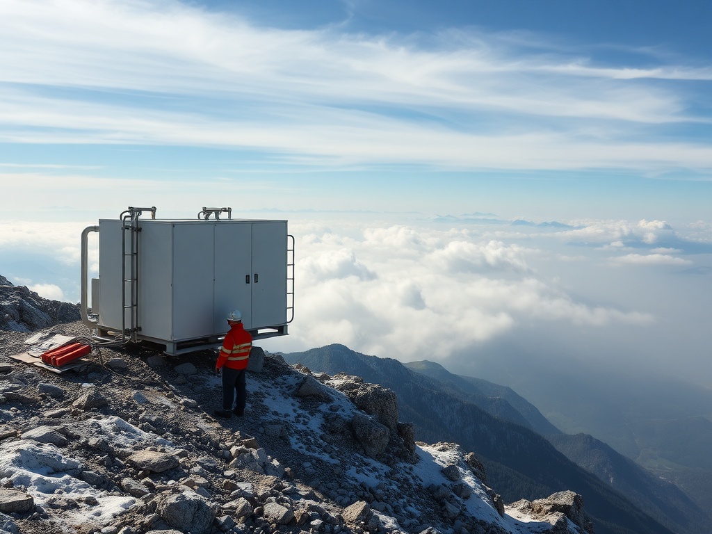 Работник на горной вершине рядом с научным оборудованием, окружённым облаками и красивым небом.