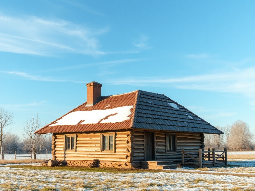 Старая деревянная хижина с печной трубой на фоне ясного голубого неба и снегом на крыше.
