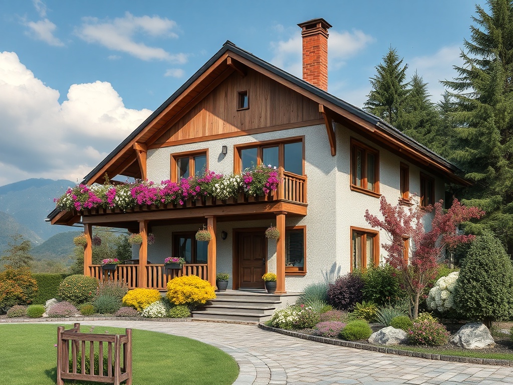 Современный дом с цветами на балконе, ухоженный сад и красивые горы на фоне.