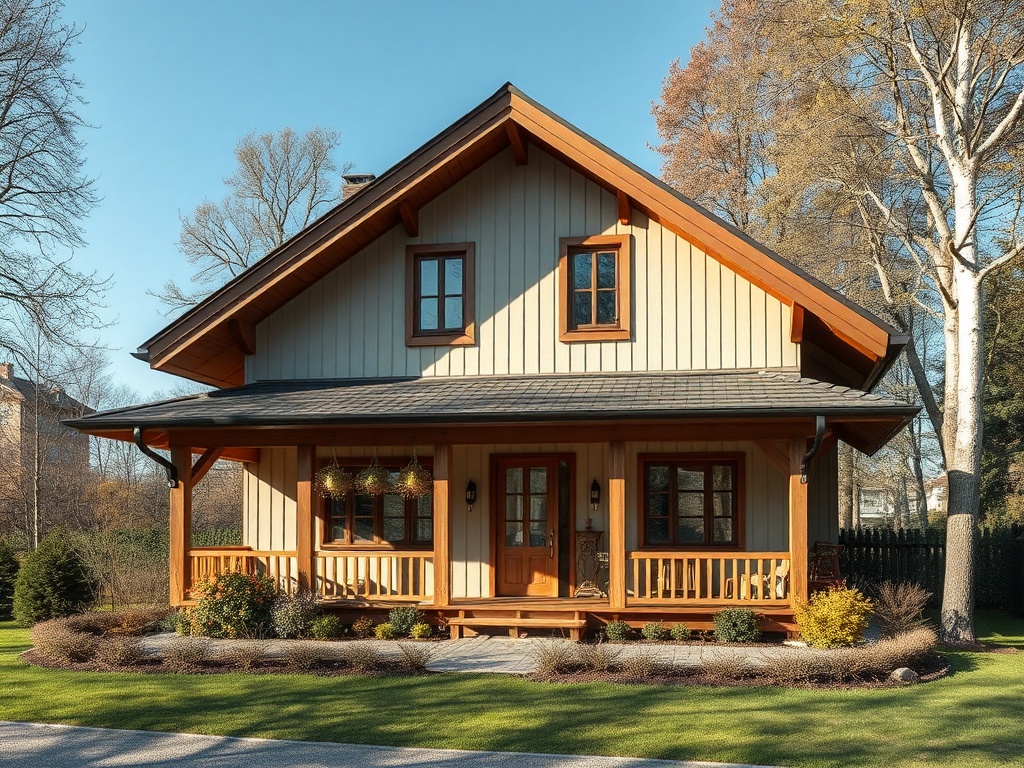 Уютный дом с деревянным фасадом и лужайкой, окружающей его с зелеными растениями и деревьями.
