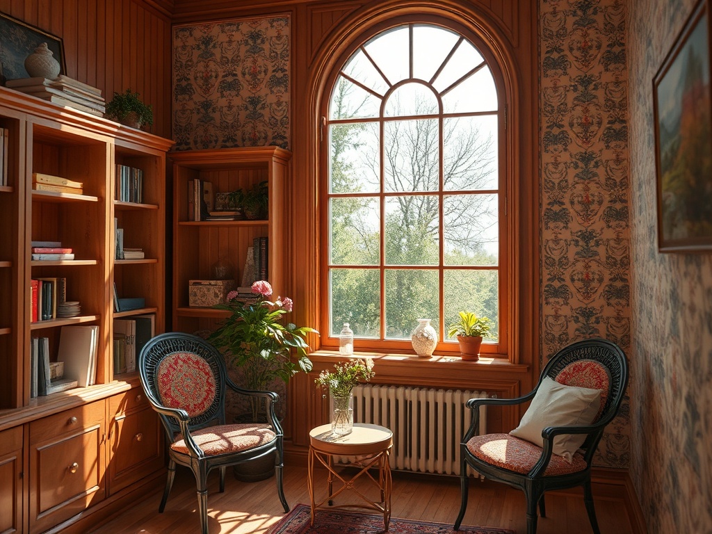 Уютный уголок с креслами, столиком и большим окном, освещающим комнату. Полки с книгами, цветы у окна.