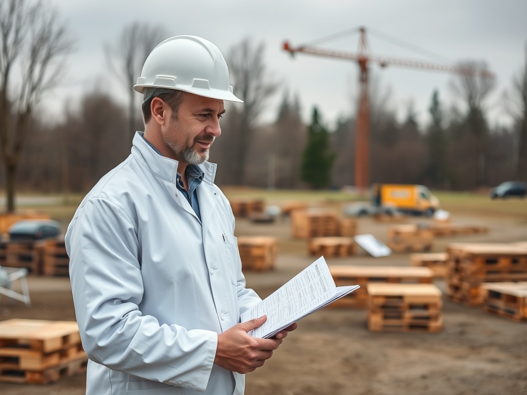 Человек в каске и куртке смотрит на документы на строительной площадке с деревянными поддонами.