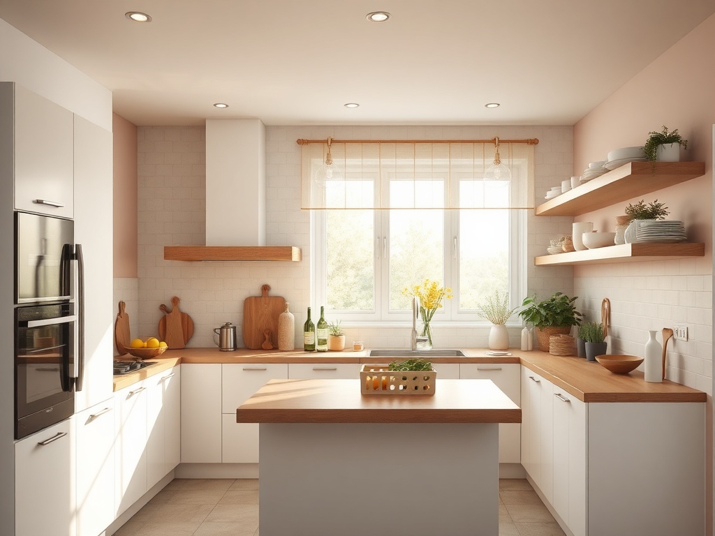 Современная кухня с белыми шкафами, деревянной столешницей и окном, наполненным естественным светом.