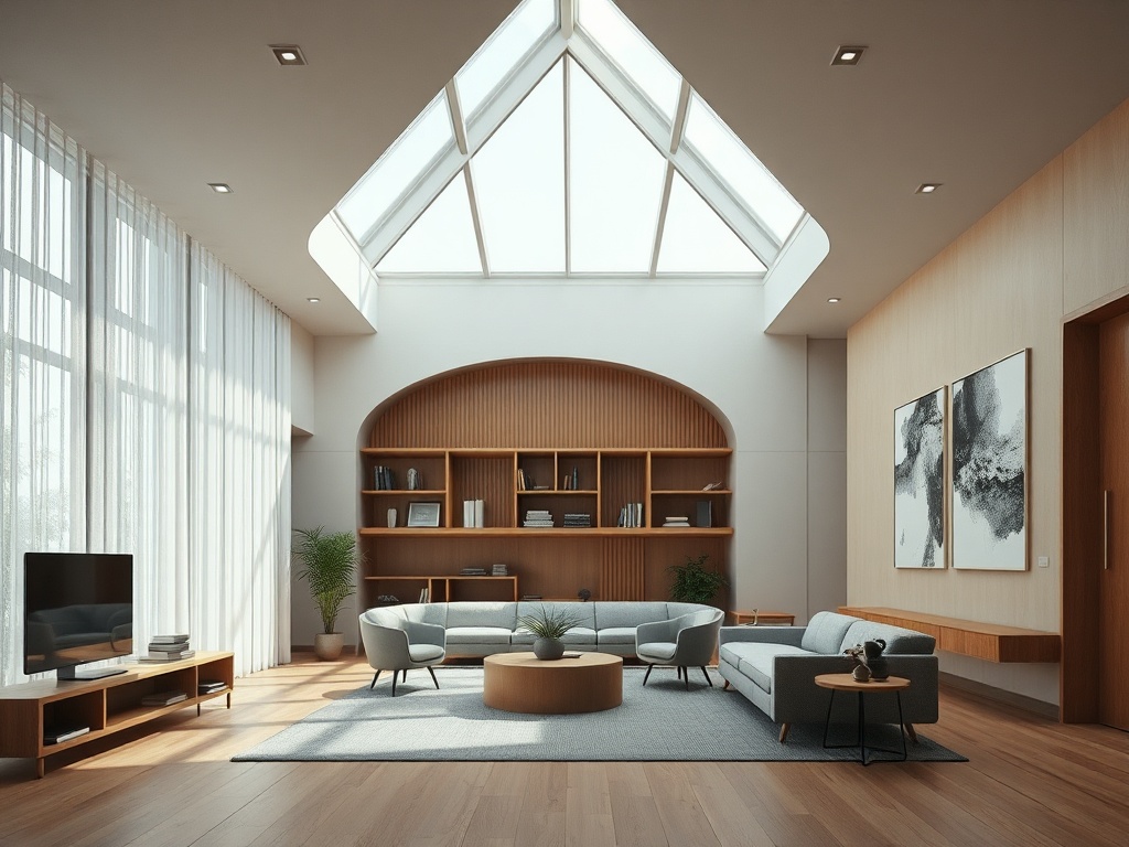 Светлая современная гостиная с большими окнами, мягкой мебелью и стильными акцентами из дерева.