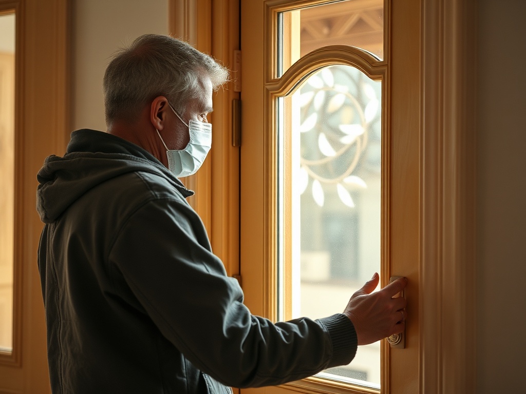 Мужчина в маске стоит у двери и смотрит в окно, отражая задумчивое настроение.