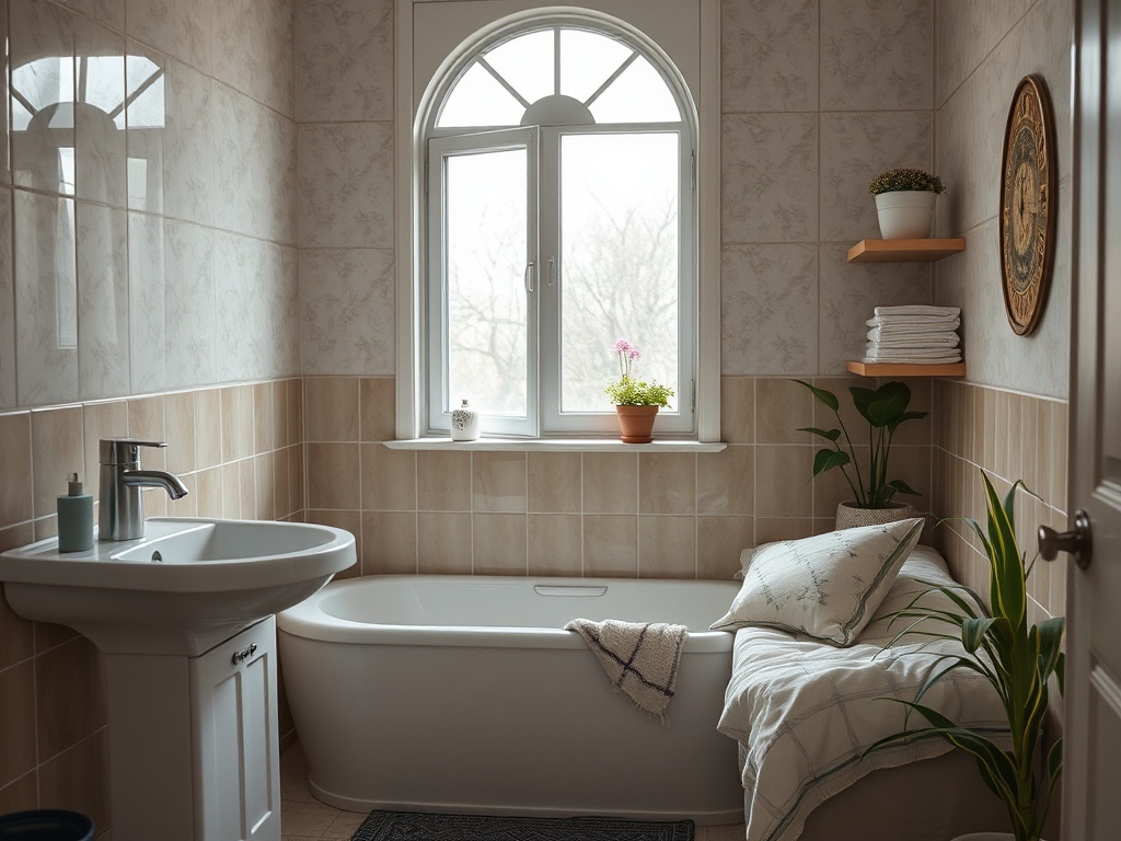 Светлая ванная комната с окном, ванной, раковиной и зелеными растениями на полках. Современный и уютный интерьер.