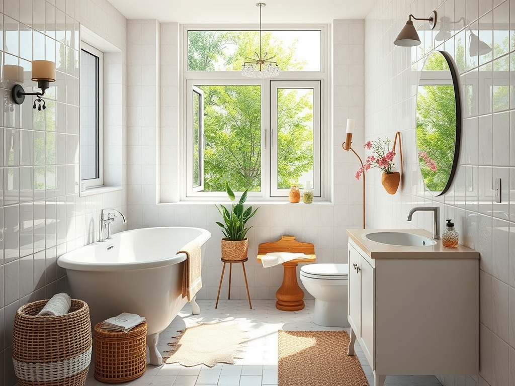 Светлая ванная комната с окном, ванной, растением и деревянной мебелью. Уютный и современный стиль.