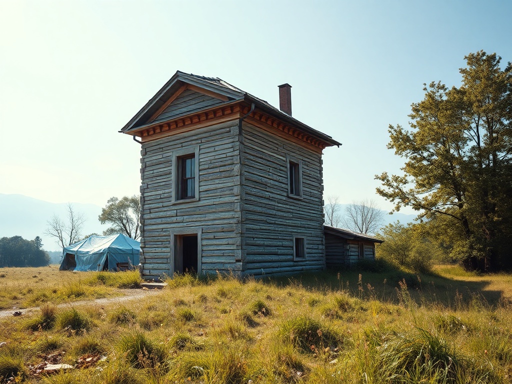 Деревянный дом с двухскатной крышей, окружённый зелёной травой и деревьями на фоне ясного неба.