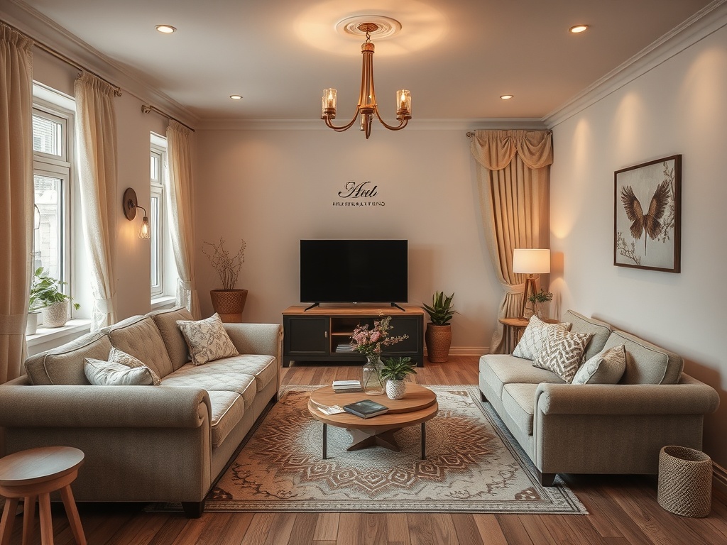 Современная гостиная с уютными диванами, телевизором и естественным освещением. Декор включает растения и картины.