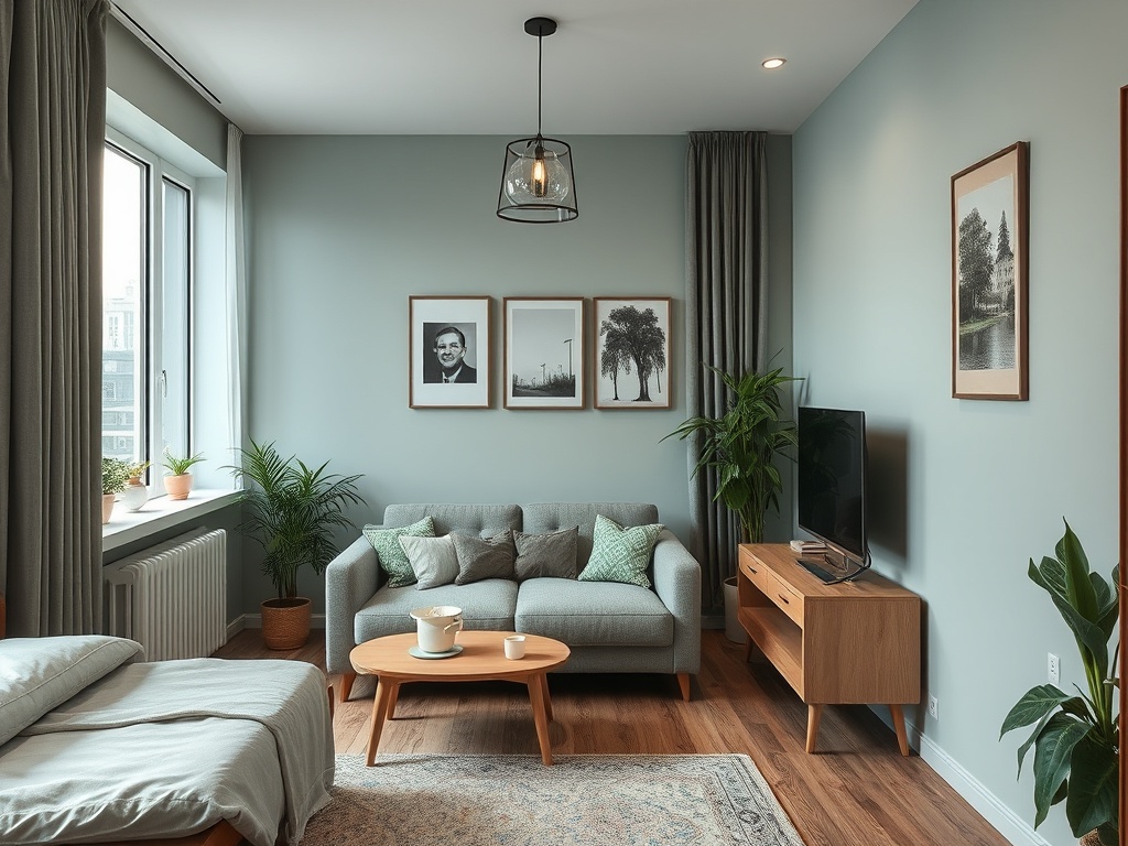 Светлая комната с диваном, телевизором и зелеными растениями, оформленная в современном стиле.