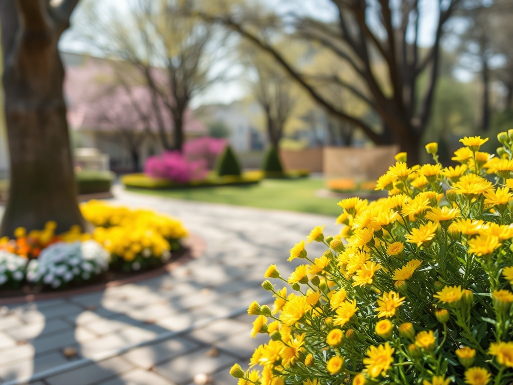 В саду весной цветут яркие желтые цветы на фоне размытых деревьев и зелени.