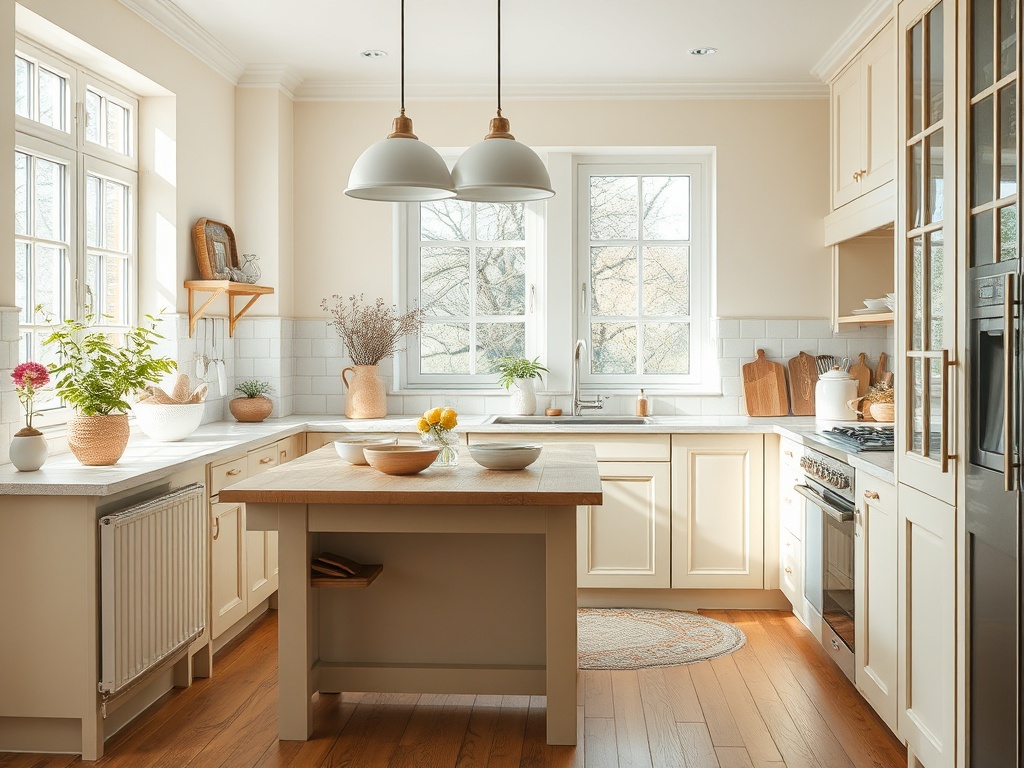 Светлая кухня с деревянными элементами, островом в центре и большими окнами, наполняющими пространство светом.