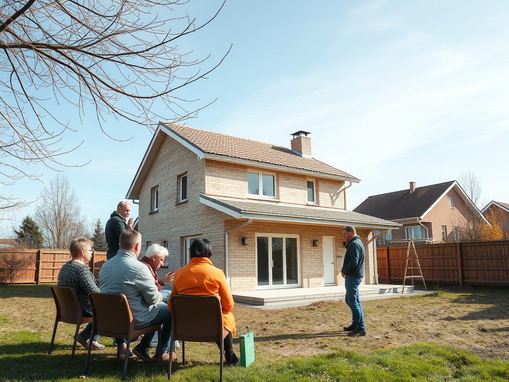 На изображении группа людей обсуждает дом на фоне ясного неба и зелёного двора.