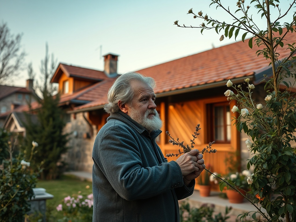 Пожилой мужчина с белой бородой стоит рядом с цветущим кустом у загородного дома. Вечерний свет.